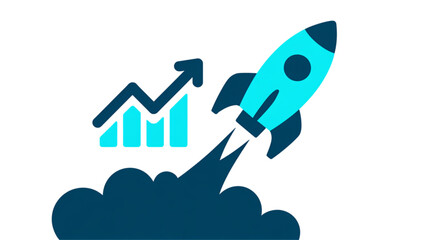 Cyan rocket ship launching with a growing financial bar chart symbol representing business success and startup growth Vector © mdlimon