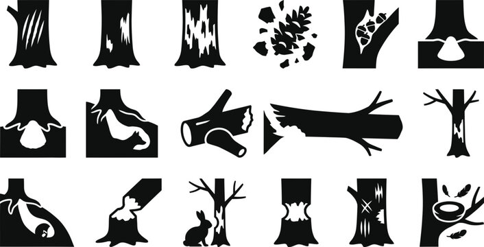 Set of monochrome tree damage and forest wildlife impact icons.