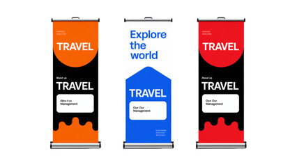 Three vertical roll up banner stands for travel business promotion with colorful modern graphic design and text layout Vector © mdlimon