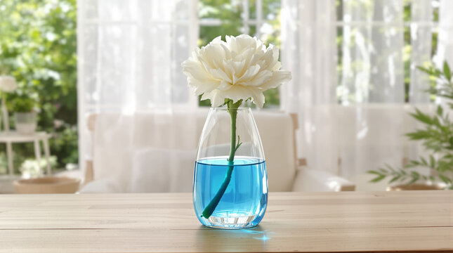 Simple Experiments for Kids Conducting a Flower Dye Change Science Project with a White Blossom in a Glass Vase on a Sunny Tabletop