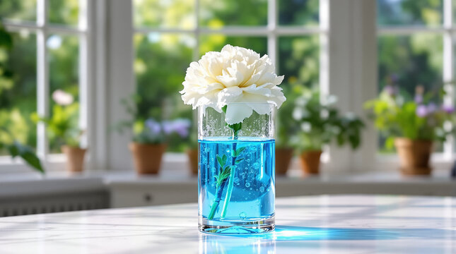 Simple Experiments for Kids Demonstrating Flower Dye Change in a Glass Vase with Blue Water on a Bright Sunny Window Sill Setting