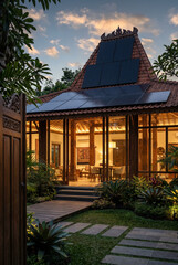 Fototapeta premium Luxury Tropical Villa with Solar Panels at Dusk