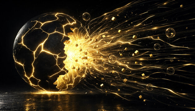 Abstract planet cracking with golden energy trail of cubes and glass spheres