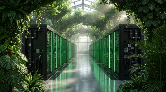 Eco friendly data center facility integrating server racks with lush jungle vegetation for sustainable cloud computing