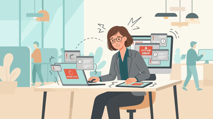 Fototapeta premium Overwhelmed Woman Stressed at Computer, Workload Stress, Deadline Pressure