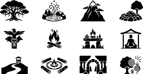 Set of twelve black and white nature and spiritual themed vector icons. © Wali