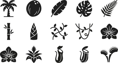 Set of tropical plants and jungle flora vector icons. © Wali