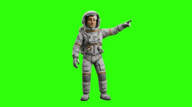 A detailed astronaut in a white space suit standing and pointing forward isolated on a solid green screen backdrop. Ideal for sci-fi film scenes, space exploration promos, educational astronomy conten