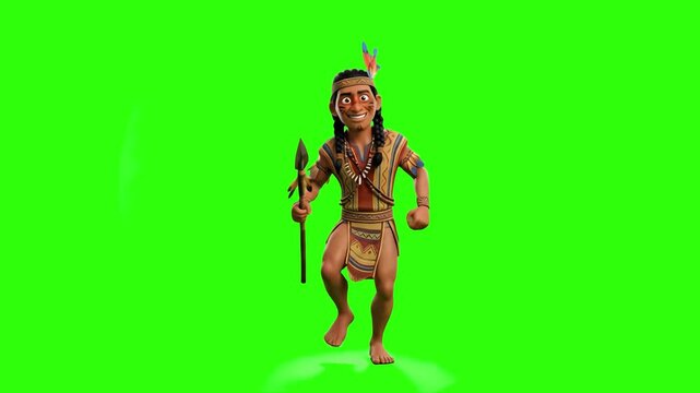 An animated 3D cartoon character representing a Native American warrior holding a spear stands on a solid green screen. This historical character asset is suitable for educational animations, historic