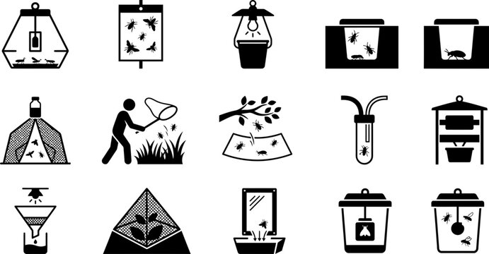 Set of scientific insect and wildlife sampling collection methods icons.