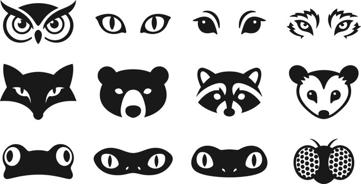 Set of stylized animal faces and eyes silhouettes.