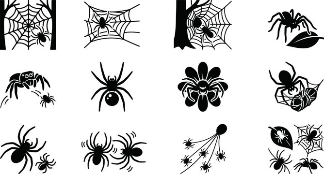 Collection of black silhouette spider icons and web illustrations.