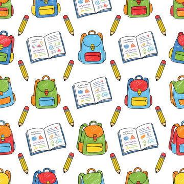 Colorful school supplies doodle pattern featuring backpacks and books