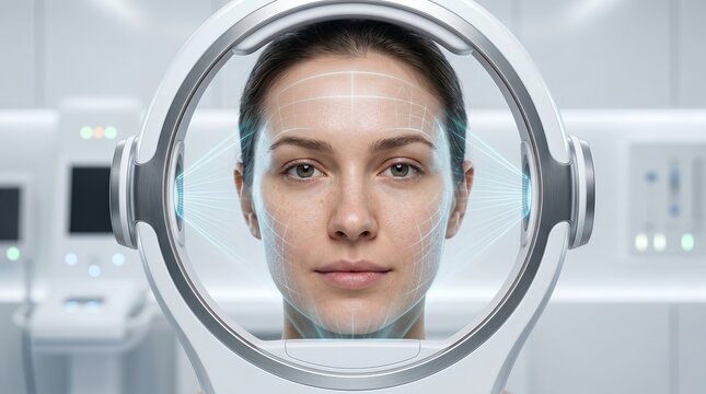 Futuristic 3D facial scanning machine performing AI skin analysis on woman