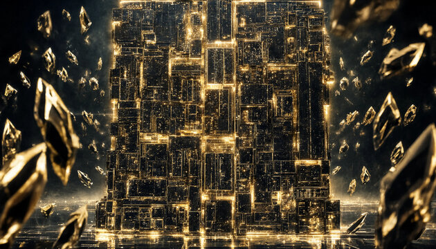 Futuristic quantum supercomputer mainframe tower with glowing golden circuits and debris