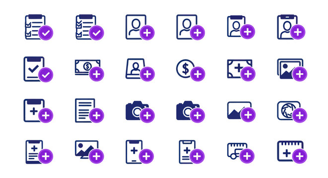 Collection of plus icons for adding items, documents, and media.
