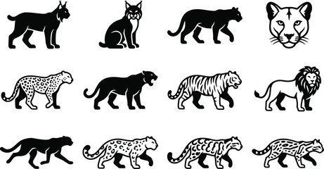 Collection of wild cat species silhouette icons and illustrations. © Anggun