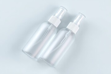 Fototapeta premium Pair of empty clear spray bottles for cosmetic products with cosmetic packaging skincare container transparent wellness template minimalist background commercial branding marketing