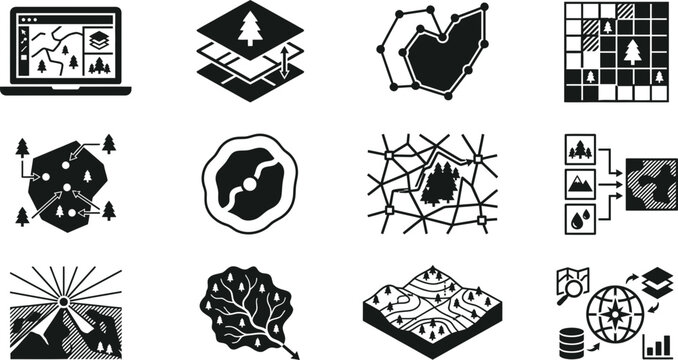Set of twelve black and white icons representing geographic information systems and spatial data analysis.