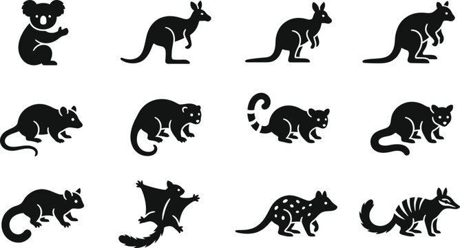 Set of Australian wildlife icons featuring various marsupials and mammals.
