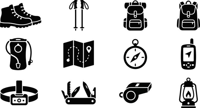 Set of black solid hiking and camping equipment icons.