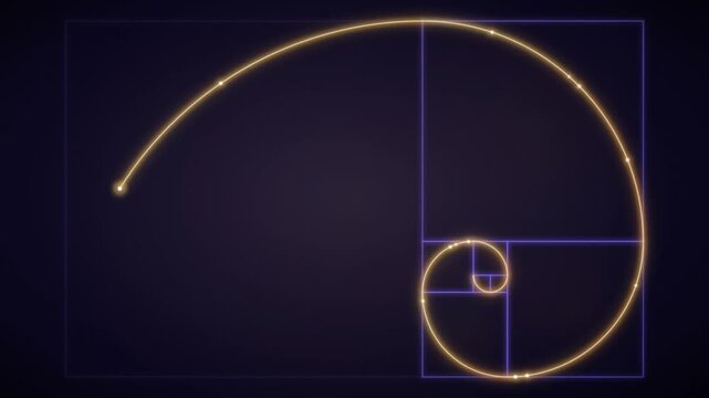 Glowing neon golden ratio fibonacci spiral geometric pattern drawing on a dark background.