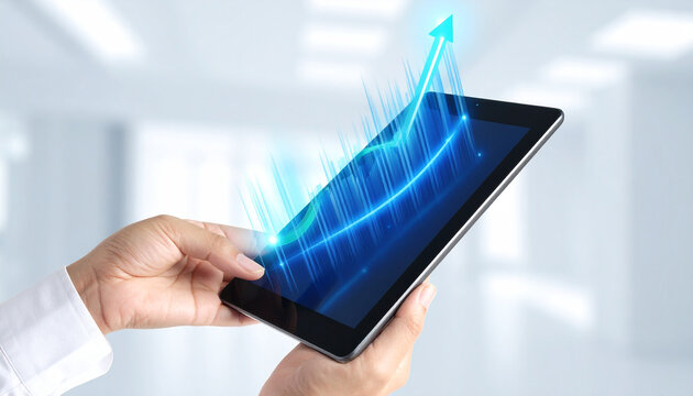 Tablet with Growing Chart: A hand holding a tablet displays a glowing blue chart with an upward arrow, symbolizing business growth and technological advancement.