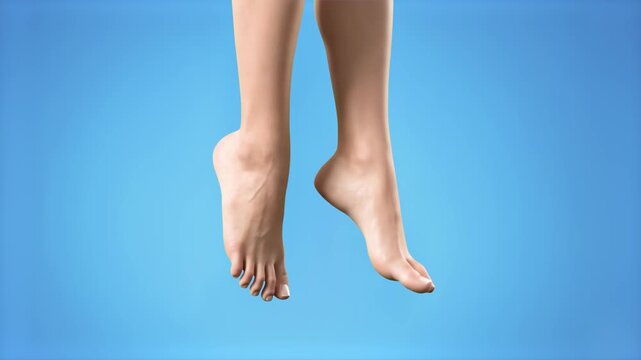 A realistic 3D illustration of a pair of smooth female legs and bare feet tiptoeing or suspended mid-air, isolated against a solid light blue background. Perfect for spa marketing, skincare product br