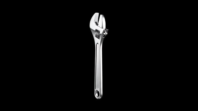 Realistic 3D model of a chrome metal adjustable spanner wrench rotating isolated over a dark black background. Excellent for plumbing service ads, auto repair commercials, hardware tool promos, handym