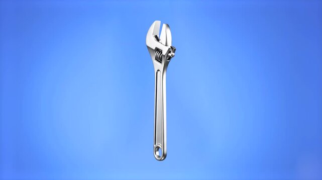 A shiny steel adjustable wrench spanner tool standing vertically against a bright blue studio backdrop. Great for plumbing repair commercials, hardware store marketing, mechanic service promos, and DI