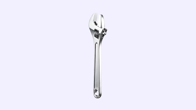 A clean 3D render of a polished chrome adjustable spanner standing vertically against a light background. Suitable for plumbing services, construction branding, repair hardware catalogs, and handyman 