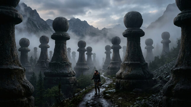 Tiny Human Explorer Navigates Giant Chess Pieces in Misty Mountains