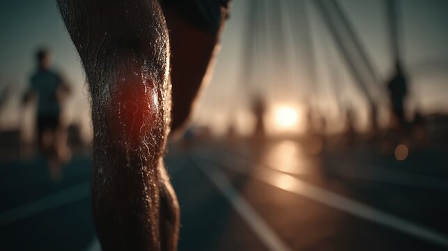 Runner on a track grabbing a painful thigh muscle with a strained expression, warm sunset light casting long shadows, symbolizing sports injury and endurance