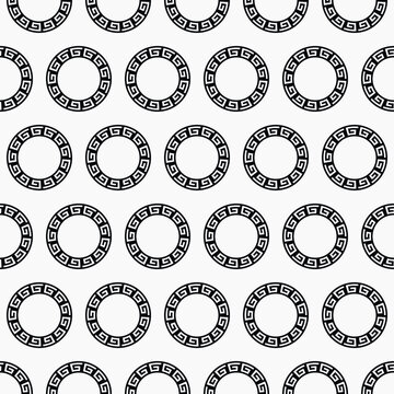 Classic Greek key vector seamless pattern. Monochrome repeating texture with black meander circular rings on white background. Ideal for minimal wallpaper accents, luxury packaging, traditional textil