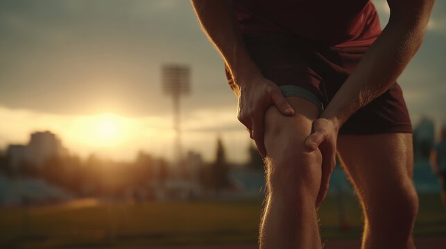 Runner on a track grabbing a painful thigh muscle with a strained expression, warm sunset light casting long shadows, symbolizing sports injury and endurance