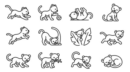 Fototapeta premium Set of cute little lion cub line art illustrations.
