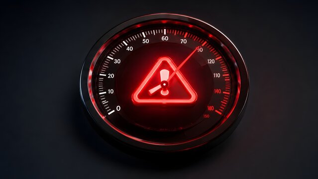 Analog speedometer gauge with needle pointing to glowing red warning triangle symbolizing critical system performance overload and dangerous operational risk in advanced digital machinery
