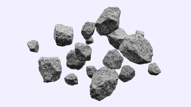A dynamic cluster of rough grey stones, rocks, and debris tumbling and floating through space against a clean light backdrop. Perfect for collapse visual effects, landslide sequences, earthquake anima