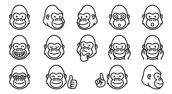 Set of cute gorilla head emojis with various facial expressions and gestures in linear style.