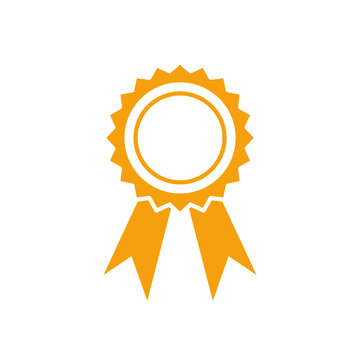 Isolated orange rosette badge PNG icon with blank center circle and hanging ribbons for award, achievement, or quality stamp design. Transparent PNG Illustration