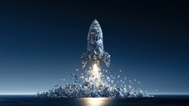 A rocket constructed from rolled coupons lifts off into a dark blue sky. The launch creates a bright light trail, emphasizing the sale liftoff theme.