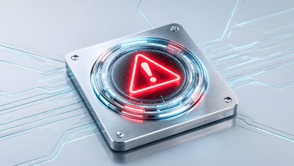 Fototapeta premium Minimalist metallic square button on clean digital interface displaying glowing red warning triangle for critical system error notification and cyber security vulnerability alert