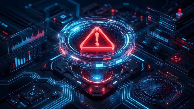 Advanced processor core emitting glowing red warning triangle hologram indicating severe hardware malfunction and high risk cyber attack on complex futuristic computing network
