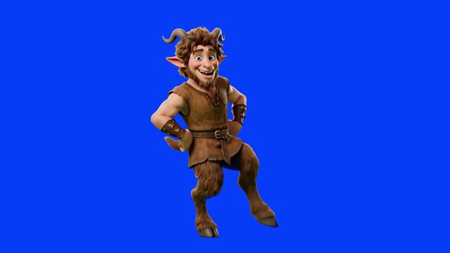 A mischievous 3D cartoon satyr with horns and hooves stands posing playfully against a solid blue screen chroma key background. This character design is perfect for fantasy animations, children's stor