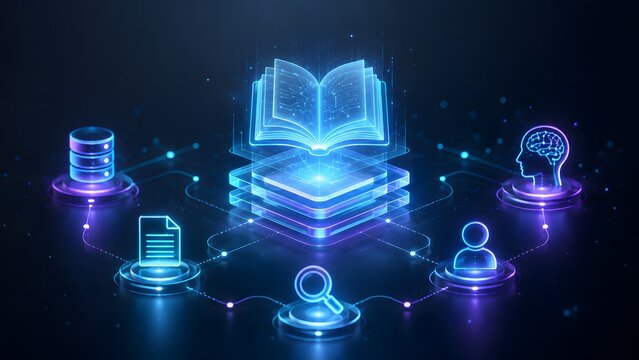 Glowing digital open book floating on a futuristic cyber platform surrounded by user profile nodes and security padlocks representing secure online learning and protected knowledge sharing