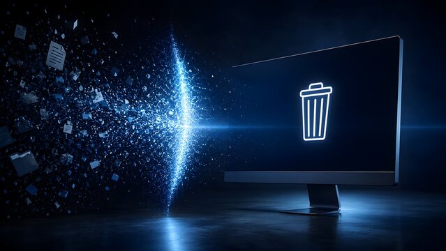 Digital data deletion concept showing glowing particles moving towards a trash bin icon on a dark monitor screen symbolizing secure file removal and electronic information disposal processes