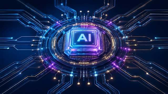 Advanced microchip processor radiating neon light within a complex digital network demonstrating artificial intelligence operations and powerful deep learning technology infrastructure systems