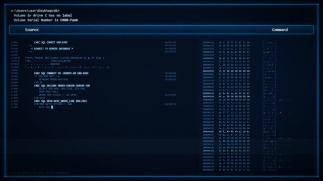 Glitchy computer terminal interface displaying code before flashing a critical red error message.