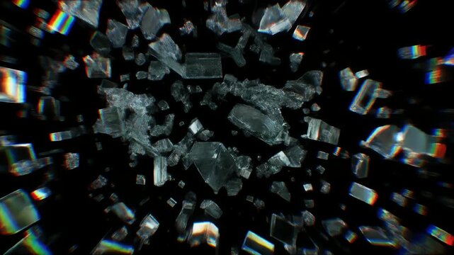 ガラス破壊とデジタルノイズが交錯する近未来的抽象背景