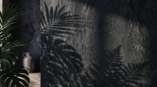 Casting tropical leaf shadows on a dark textured concrete wall in a minimalist interior setting
